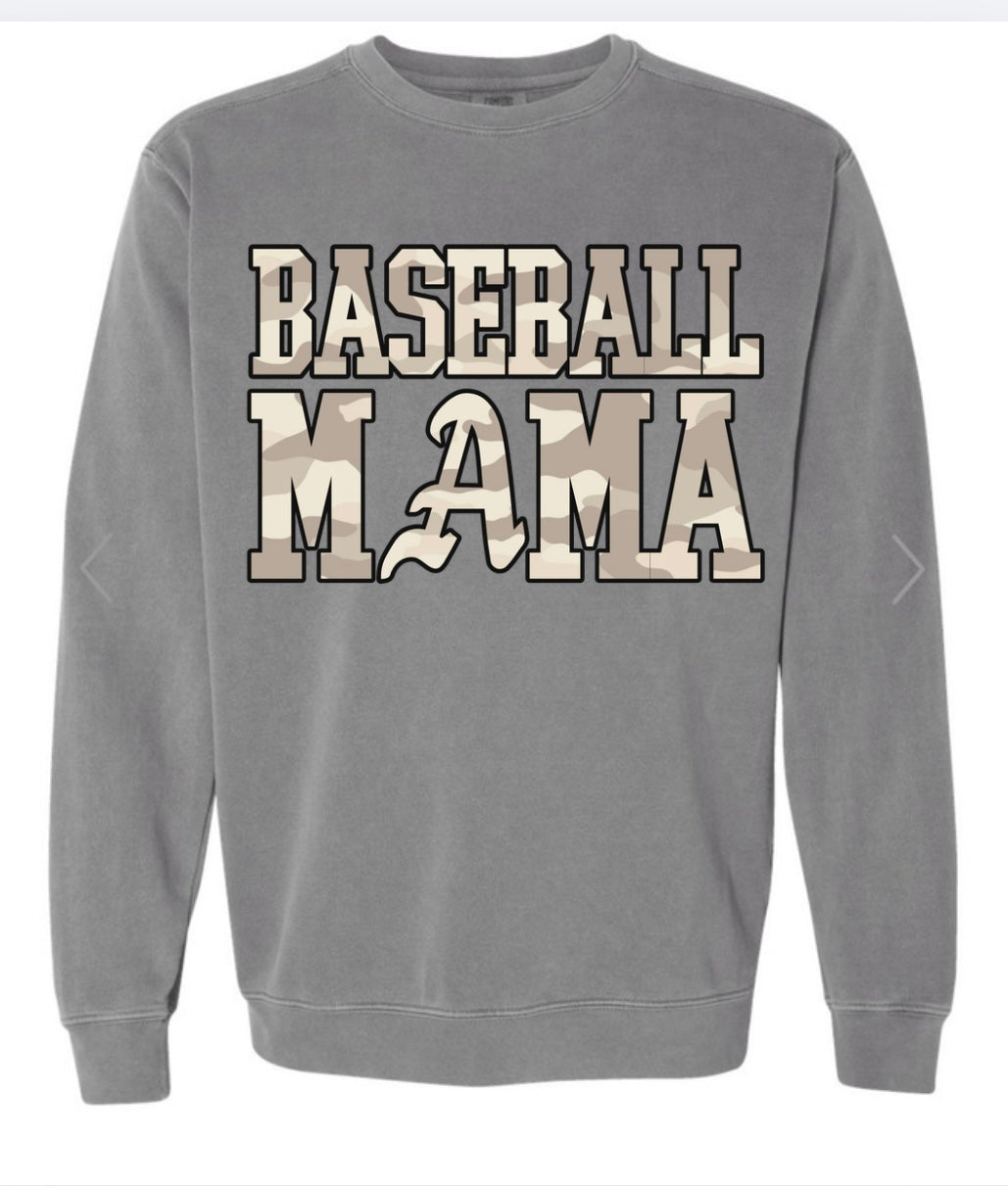 Camo Baseball Mama - Comfort Colors Sweatshirt - Grey - WITH PLAYER NAME