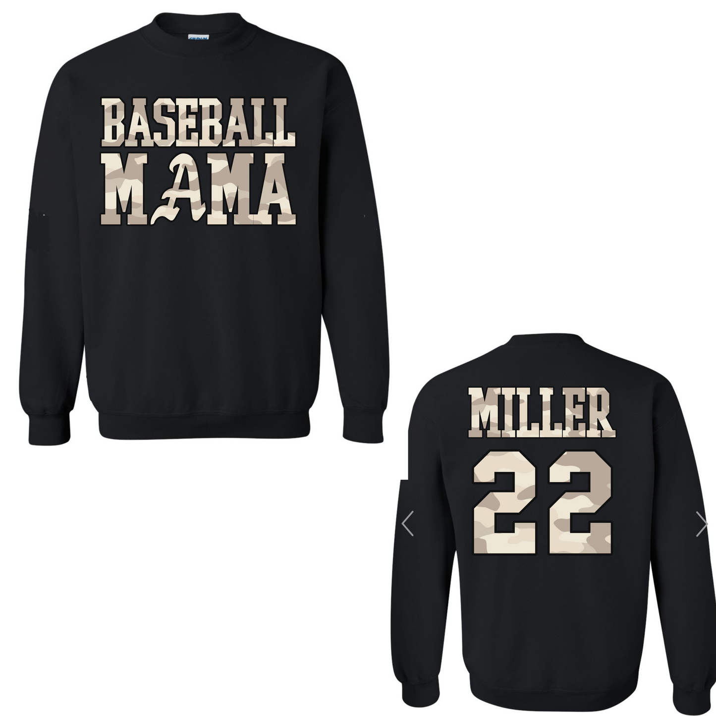 Camo Mama Baseball - Black Gildan Sweatshirt - WITH PLAYER NAME