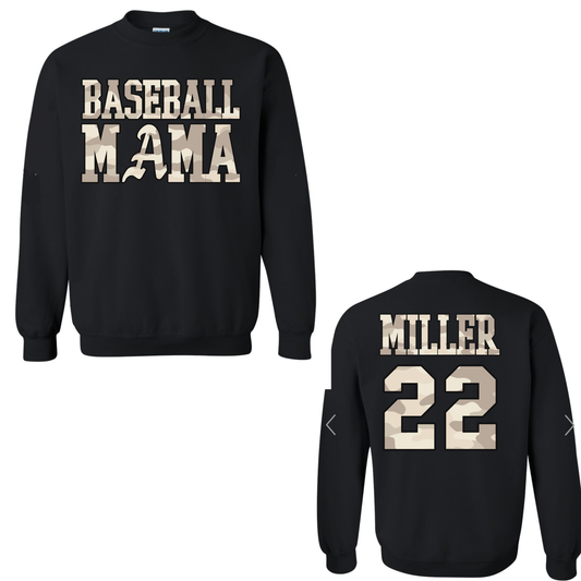 Camo Mama Baseball - Black Gildan Sweatshirt - WITH PLAYER NAME