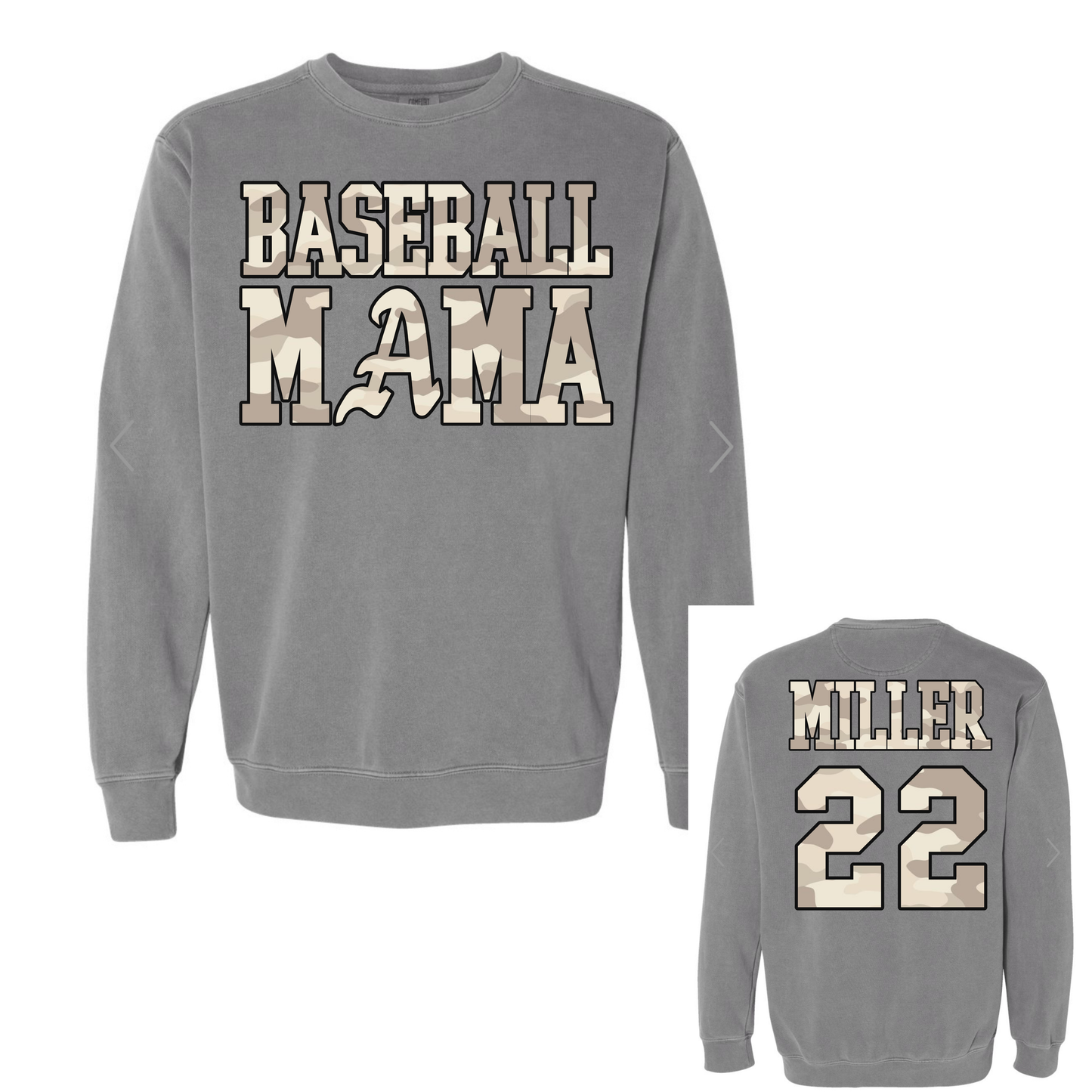 Camo Baseball Mama - Comfort Colors Sweatshirt - Grey - WITH PLAYER NAME